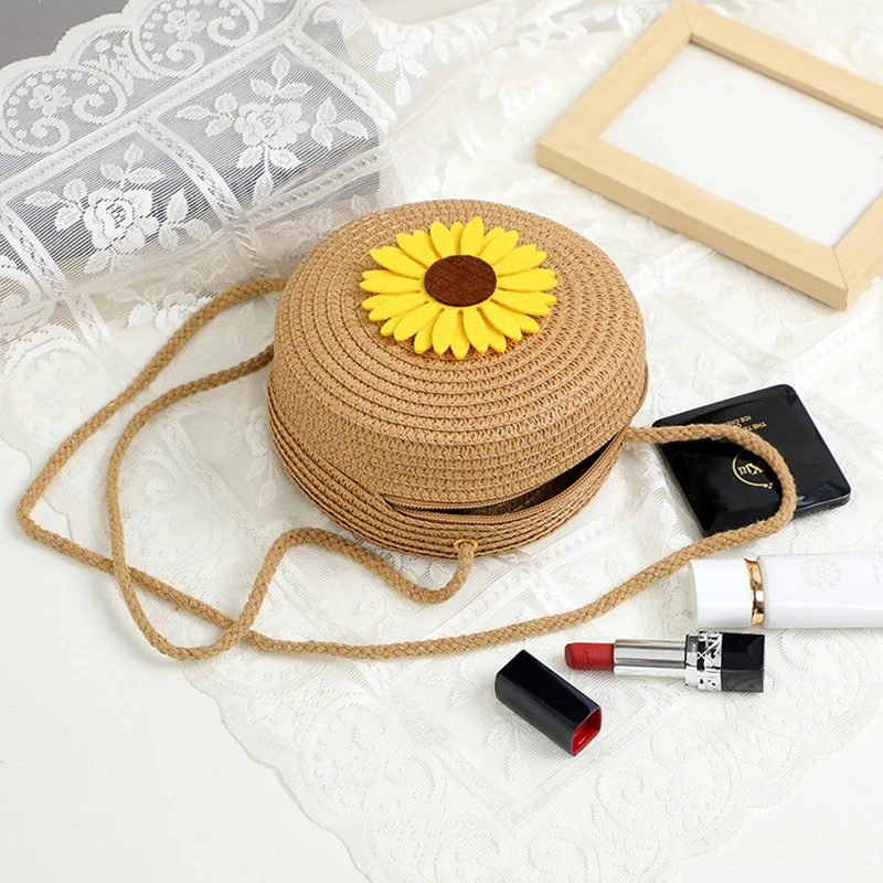 Summer Sunflower Decor Round Crossbody Shoulder Bag Women Woven Beach Bag Ladies Rattan Handmade Knitted Straw Purse And Handbag