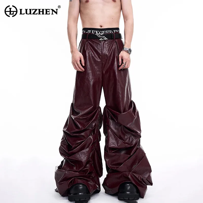 LUZHEN Stacking Pleated Wide Leg Casual Faux Leather Pants Autumn Baggy Personalized Luxury Trendy Men's Trousers Street LZ7272