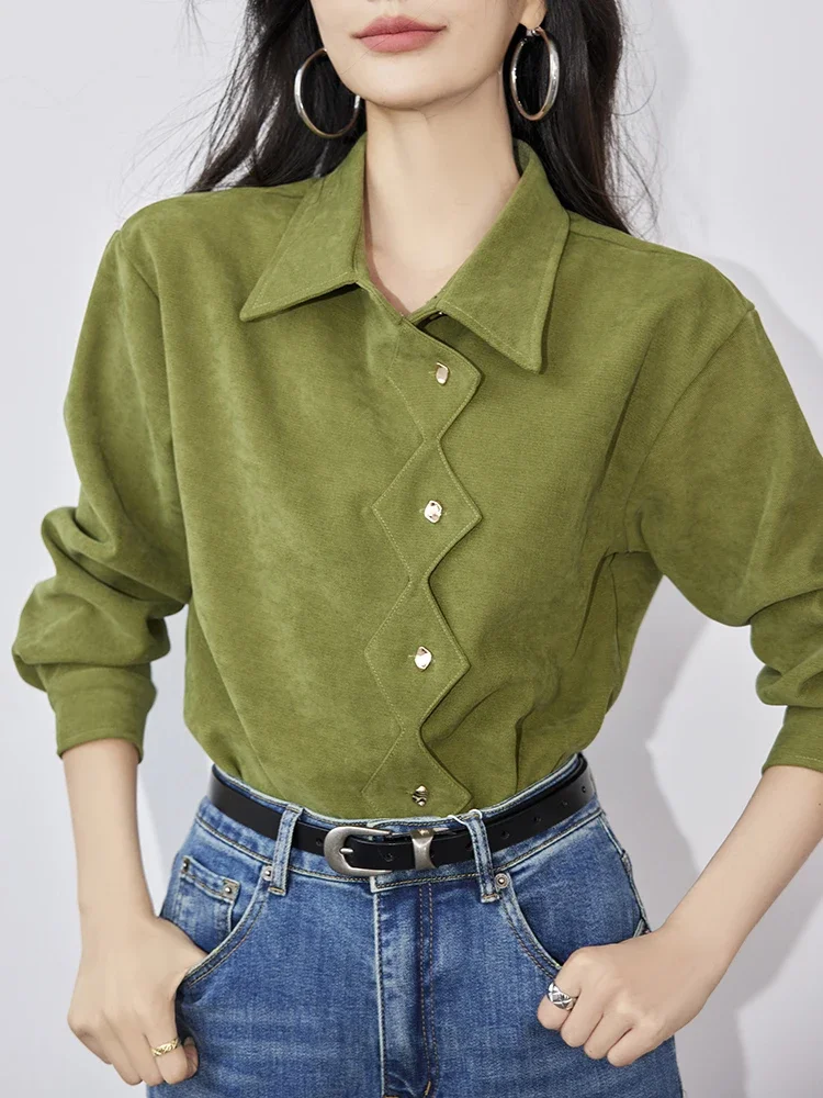 Quality Green Vintage Polo Shirts Bishop Sleeve Blouse Irregular Single-Breasted Tops Elegant Office Ladies Shirt