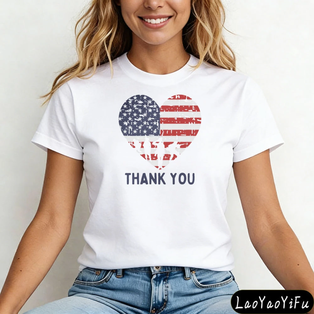 Memorial Day Shirt Thank You  Shir Patriotic American Flag Tops Women Short-sleeved Clothes Army Tees Heart Memorial Day Tops