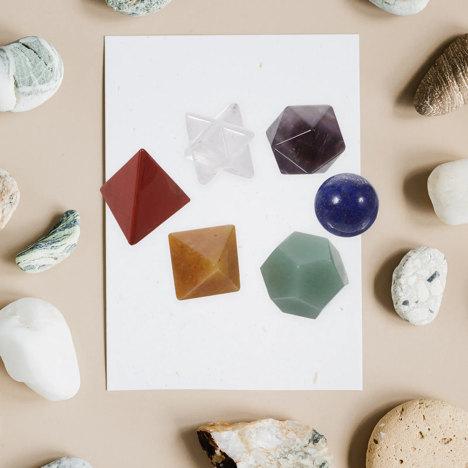 

7 Piece Crystal Decorative Set Natural Chakra Stones for Healing Meditation and Dreamwork Sacred Geometric Shapes