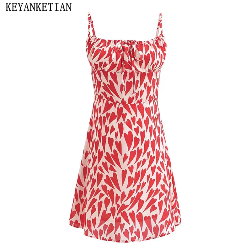 

KEYANKETIAN 2024 New Launch Women's Heart-shaped Print Halter Dress Holiday Wind Summer Backless Slim Sleeveless Mini Dress