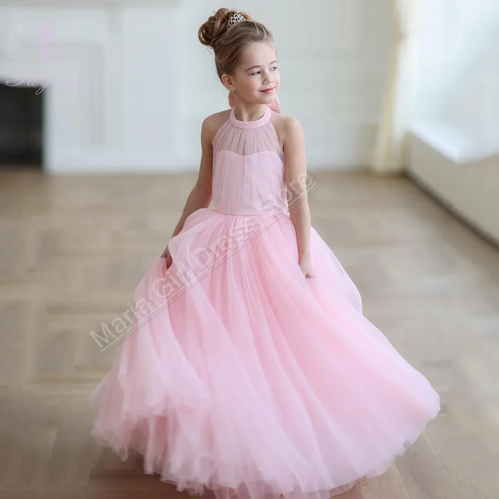 Princess Party Flower Girl Dress Pink Birthday  Halter Sleeveless Tulle Festive Costumes First Communion Dresses