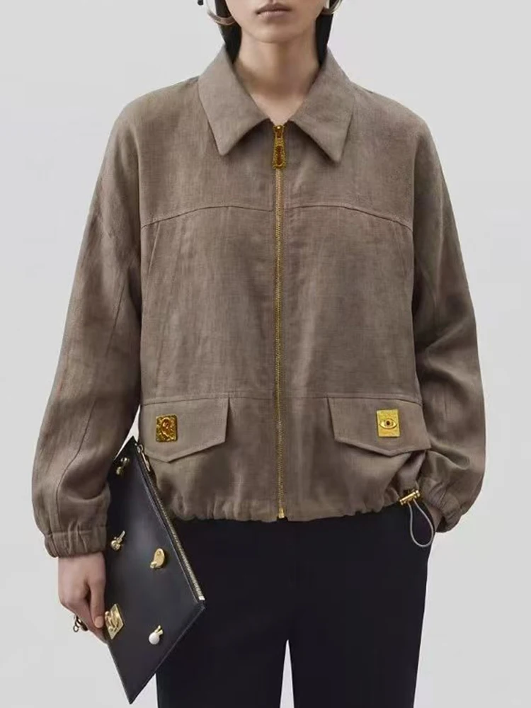 Designer Retro Metal Buckle Pocket Zipper Cardigan Short Jacket 2026 Autumn Women's Clothing Fashion Versatile Thin Jacket Top