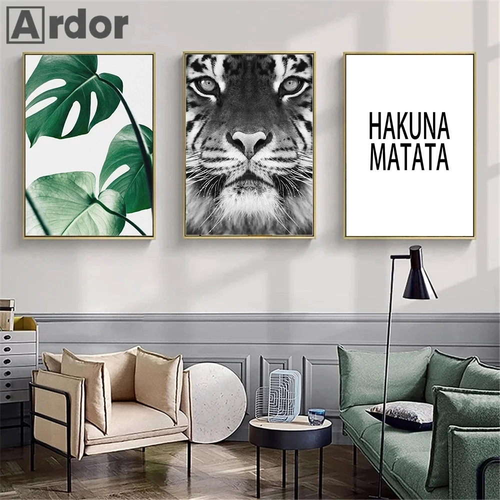 الشمال Monstera أوراق النبات الرسم على لوحات القماش الجدارية الأسد النمر ليوبارد الحيوان المشارك هاكونا ماتاتا يقتبس الفن يطبع ديكور المنزل