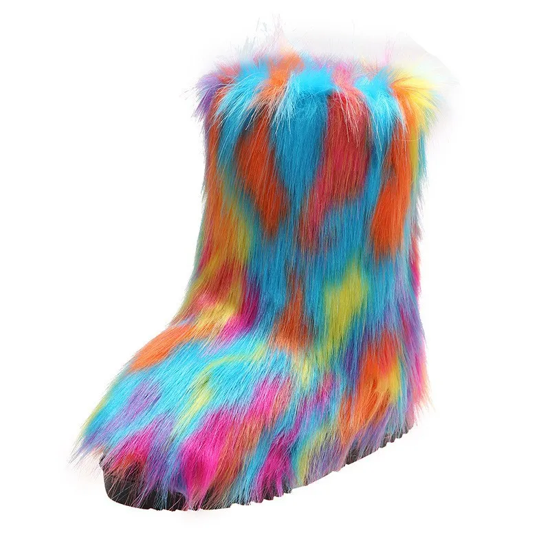 Women's Winter Fashionable Colored Plush Snow Boots Fox Fur Long Hair Warm Comfortable Cotton Flat Anti Slip Shoes view 3