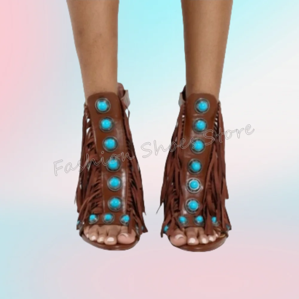 

Brown Tassels Decor Open Toe Sandals Matte Leather Stilettos High Heels Heel Shoes for Women Heels 2025 New Zapatos Para Mujere