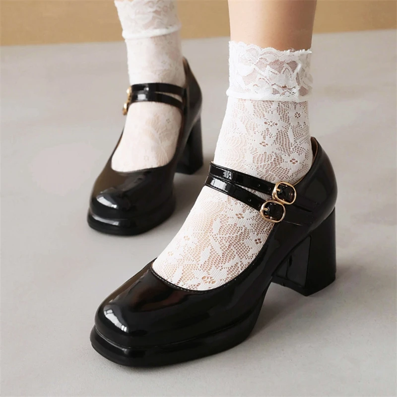 Elegant High Heels Pumps Women\'s Mary Janes Shoes Large Size 45 Strap Black Blue Red Pink White Block Heeled Party Wedding Shoes