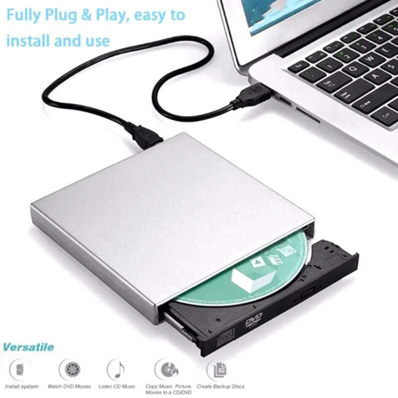 Unidad de DVD externa profesional, reproductor de DVD externo delgado de bajo ruido, USB 2,0, grabadora de DVD/VCD/CD-RW