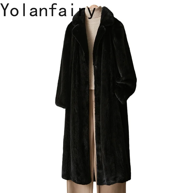 معطف من الفرو الطبيعي للخريف والشتاء من YOLANFAIRY جاكيت منك كامل للسيدات بياقة متوسطة الطول معاطف من الفرو الحقيقي سترات سوداء ملابس خارجية