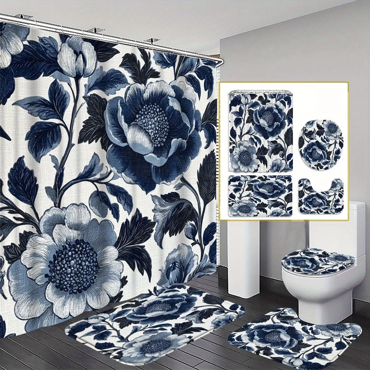 

4pc Dark blue floral pattern bathroom set, includes a U-shaped mat, non-slip mat, shower curtain, and toilet seat cover.