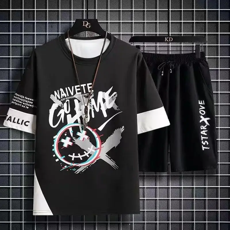 

Summer Men's 2-Piece Sportswear Set Trasuits T-irt Casual Loose Fit f High Collar Youth Trendy Workwear