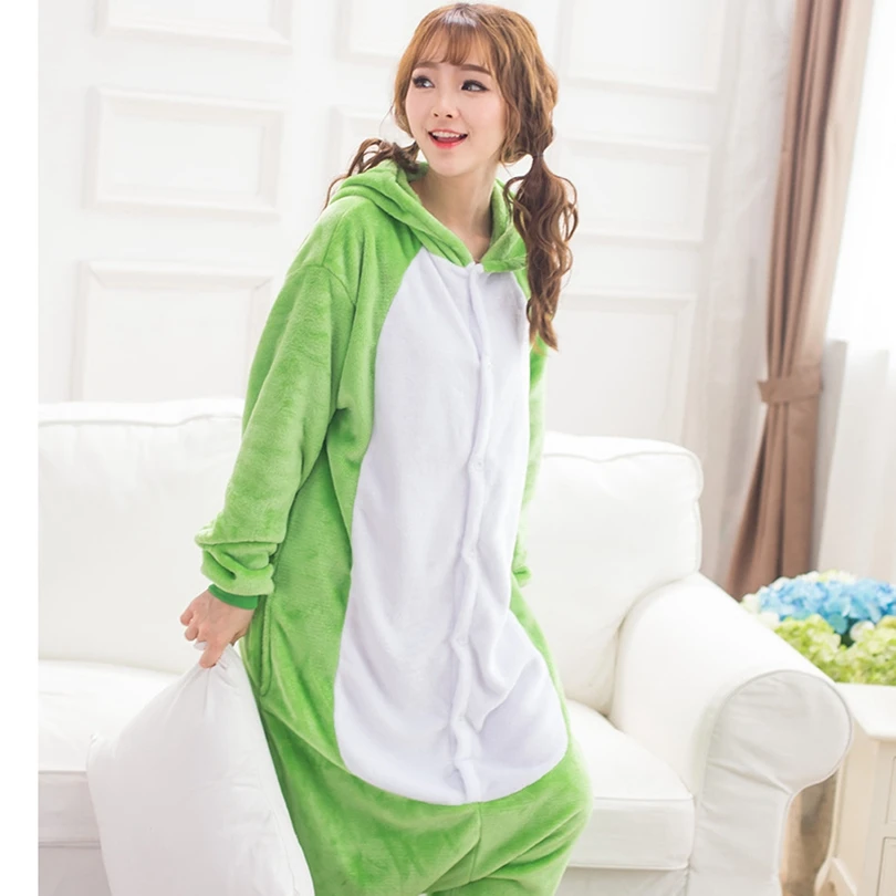 Winter Adults Animal Onesies Unisex Women Green Frog Costumes Cartoon Pyjama Men Long Sleeve Pajamas Set Christmas Jumpsuits