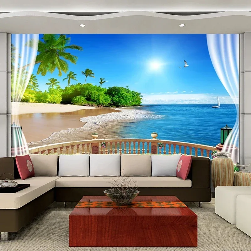Custom 3D Wall Wallpaper Painting Balcony Window Sea View Large Mural Beach Landscape Living Room Bedroom Papel De Parede Tapety