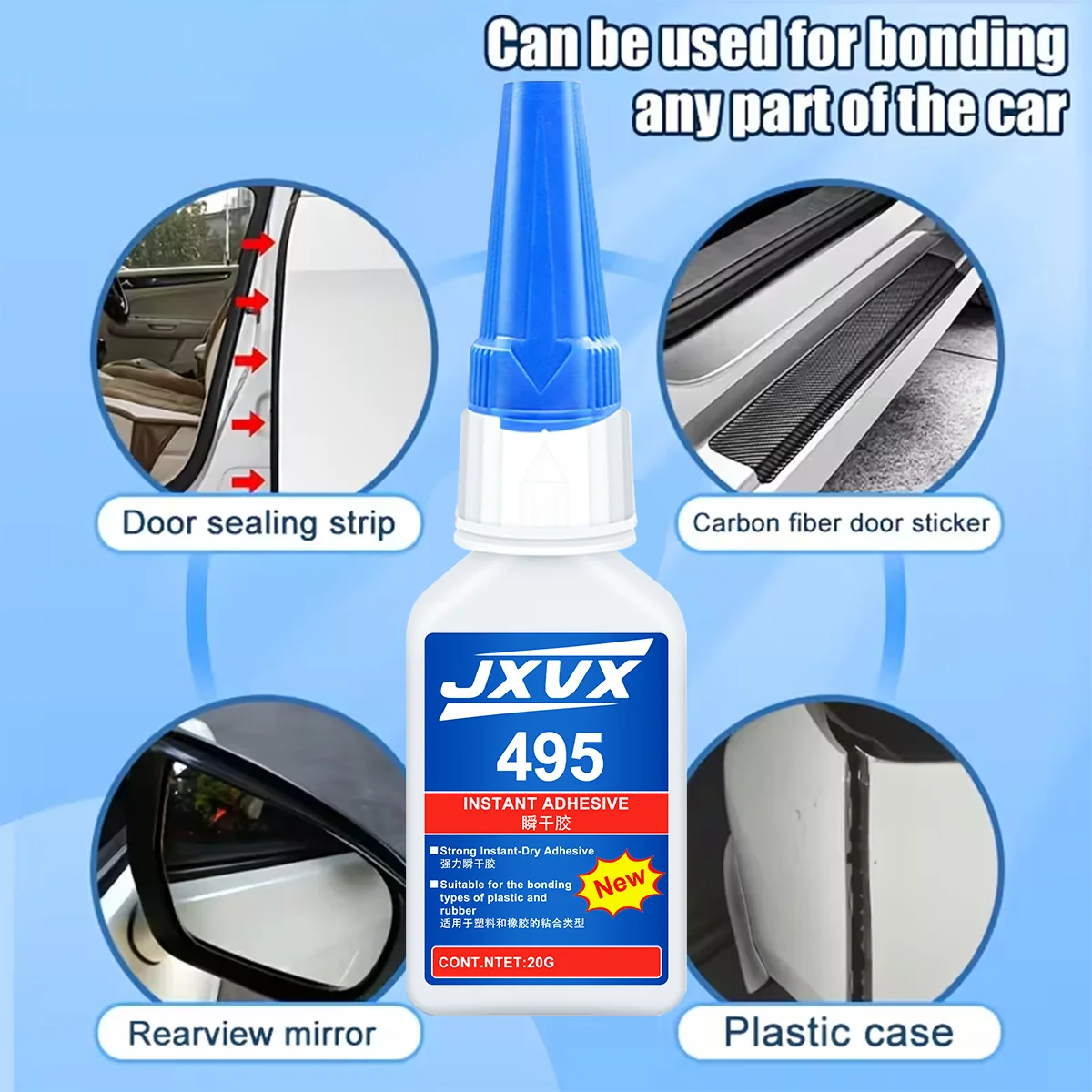 Adhesivo instantáneo 495/480 ecológico recientemente mejorado. Contiene cianoacrilato superresistente adecuado para reparaciones automovilísticas. Caucho, plástico, madera. Con aplicador de precisión. Pegamento 110 ml.