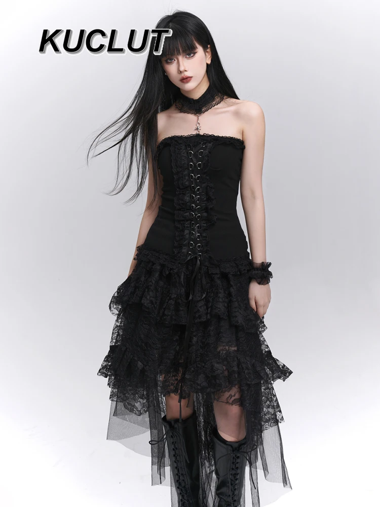 Menina renda preta fofo bolo aniversário cintura alta saia casual subcultura gótica estilo punk saias de comprimento médio para mulheres verão