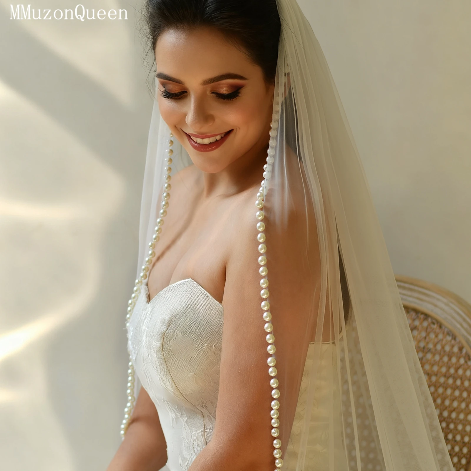 TOPQUEEN V119 Elegant Pearl Beaded Bridal Veil 1 Meter Long Single Layer Pearl Wedding Veil Wedding Accessories Customizable