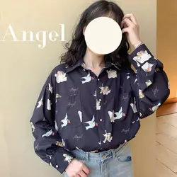 Spring and Autumn Top New Korean Retro Printed Splicing Long Sleeve Shirt for Women with a Design Sense and a Niche Temperament