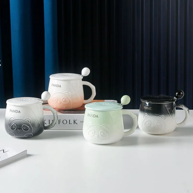 Creative Relief Panda Ceramic Cup Cartoon with Lid Coffee Mug with Spoon Breakfast Milk Mugs Couple High Beauty Water Cups Set