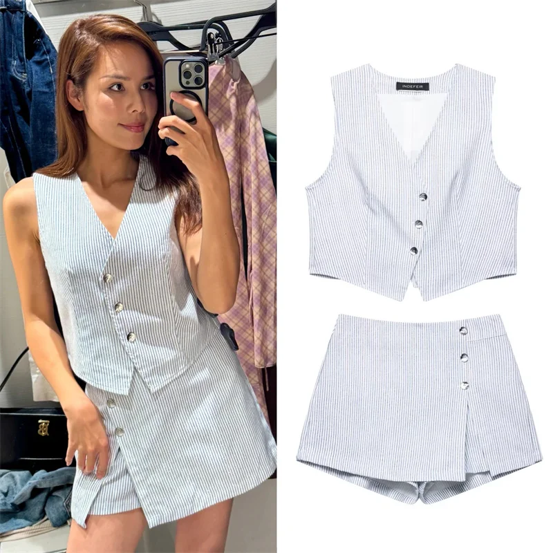 

Women's Suit Spring 2025 New Sleeveless Vest Culot Set Striped Print Trim Sexy V-Neck Casual Commute Fashion