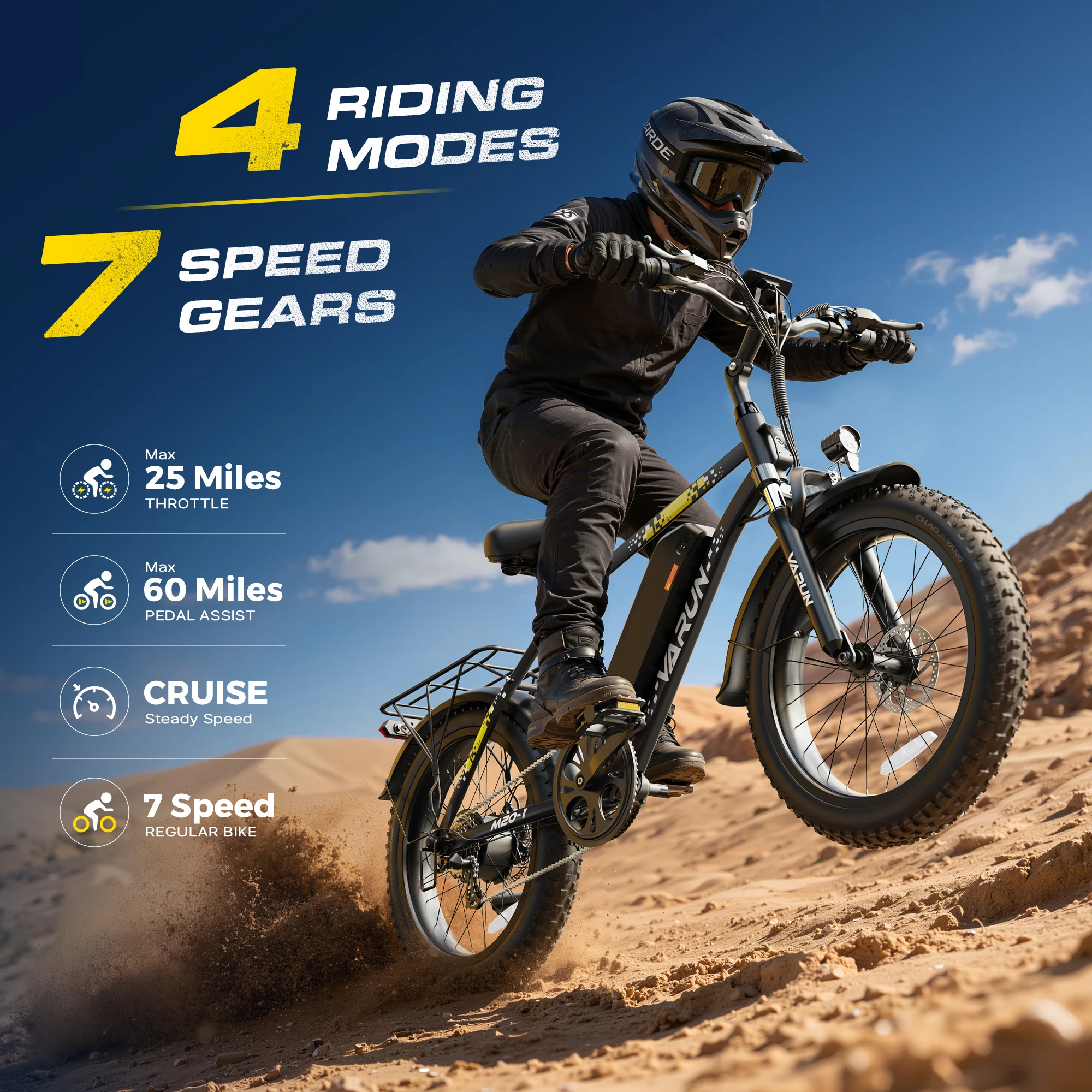  VARUN 1000W Peak Electric Bike for Adults, 20" 3.0" Fat Tire Ebike 48V 13Ah Removable Battery, 7-Speed 30-60+ Miles Range E-bike for Mountains, Snow, Sand - view 5