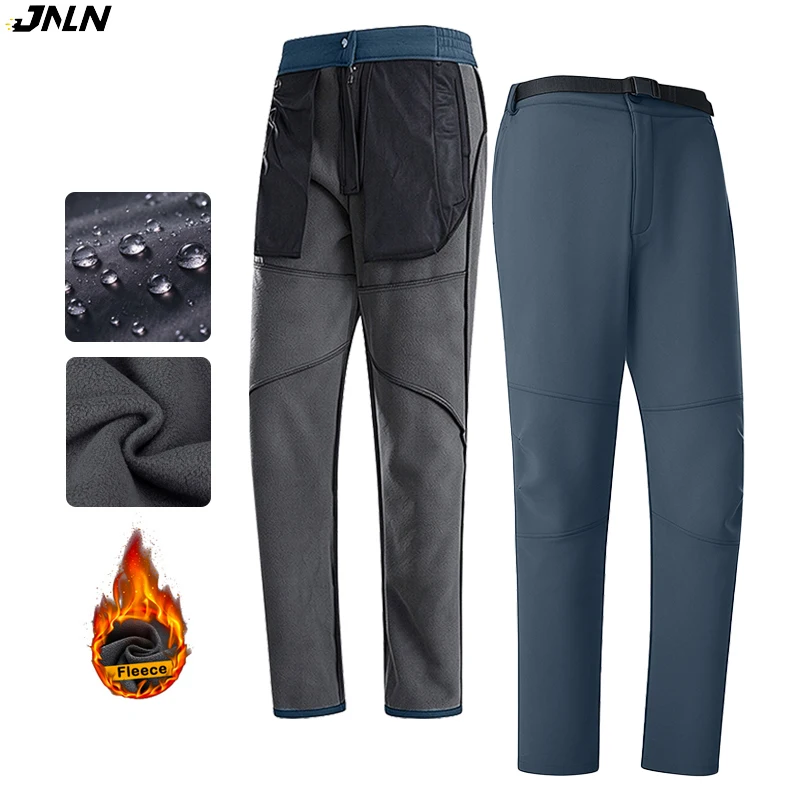 JNLN Men's Fleece Pants Winter Warm Waterproof Outdoor Soft Shell Pants Camping Trekking Skiing Mountaineering Rain Trousers