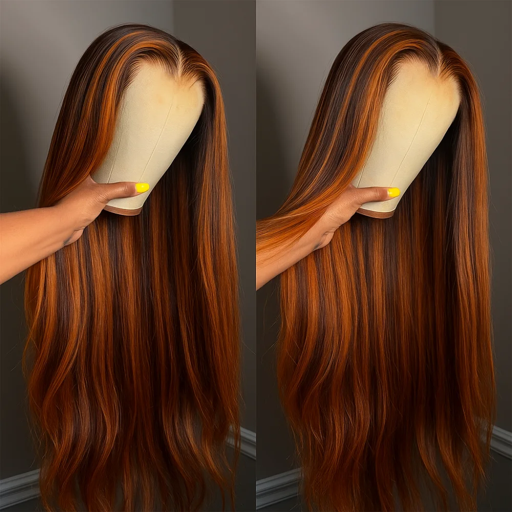 

Highlight Ginger Brown 5x5 Front Lace Glueless Wigs Wear and Go 200 Density Bone Straight Human Hair Wigs Color Pre Plucked Wigs