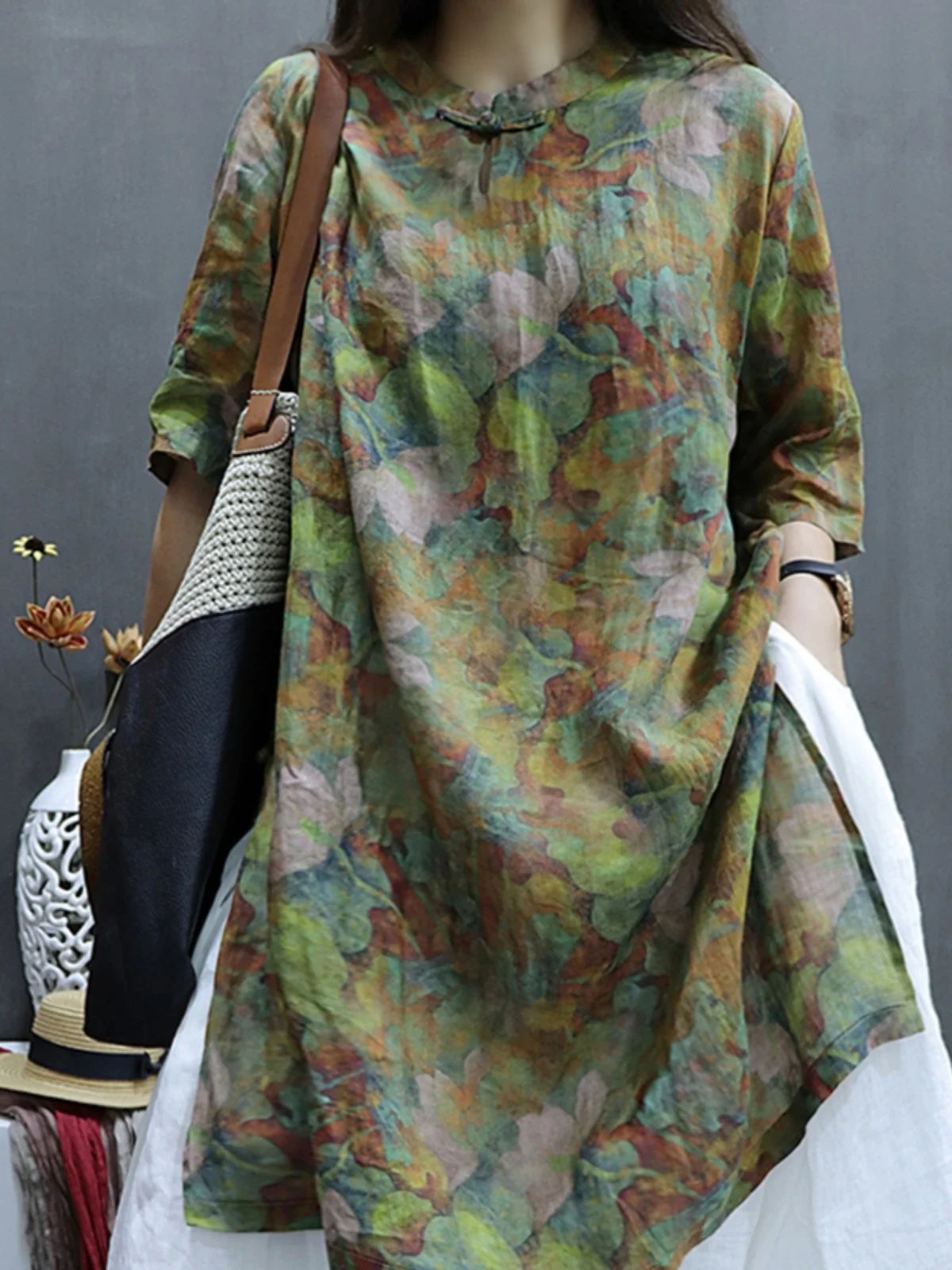 Stampa retrò in cotone e lino irt Dr con colletto alla coreana con bottoni Vita ampia Gonna lunga a trapezio estiva Sve Five Sve Dr