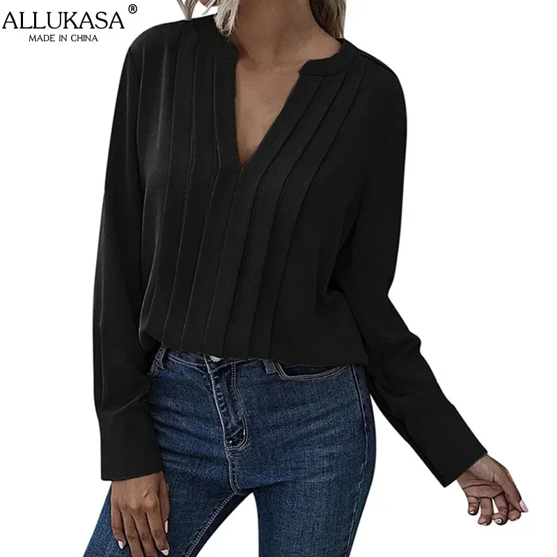 Allukasa Women Chiffon Blouse Female V Neck Casual Long Sleeve Pleated Solid Color Pullover Fashion Office Shirt Ladies Clothing