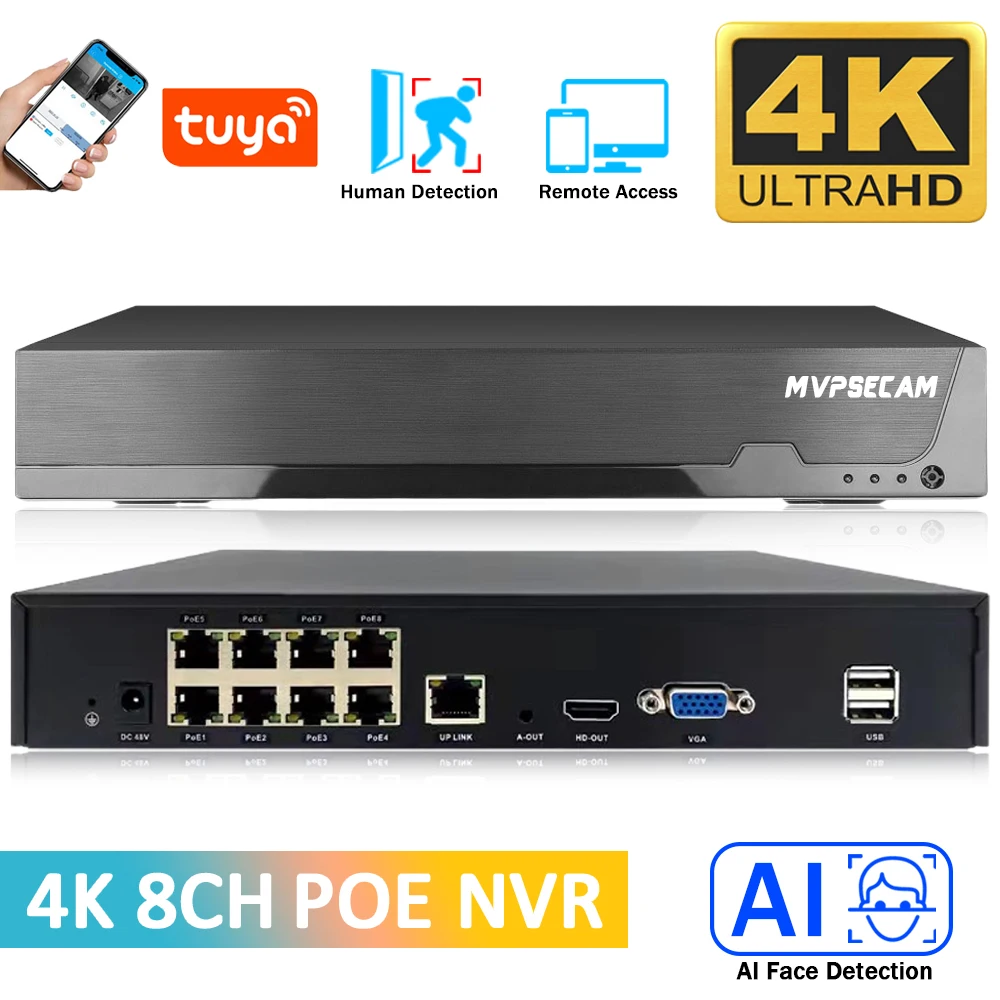 Sistema de seguridad Cctv Tuya Smart 4K, 8 canales, Poe, Nvr, 8Mp, detección facial, H.265 +, red de vigilancia, Audio, grabadora de vídeo, acceso remoto