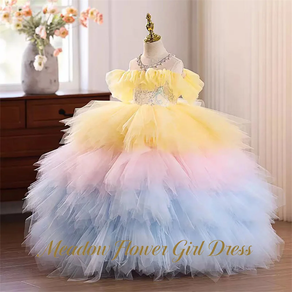 Meadow Pastel Ombre Princess Girls Gown Hollow Out Kids Birthday Party Gown Tiered Tulle Floor Length Pageant Gown for Girls