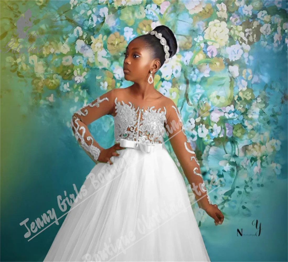 

Beautiful White Party Dresses Customized Full Sleeves Princess Birthday Puffy Tiered Ruffles Mesh Photoshoot Dresses