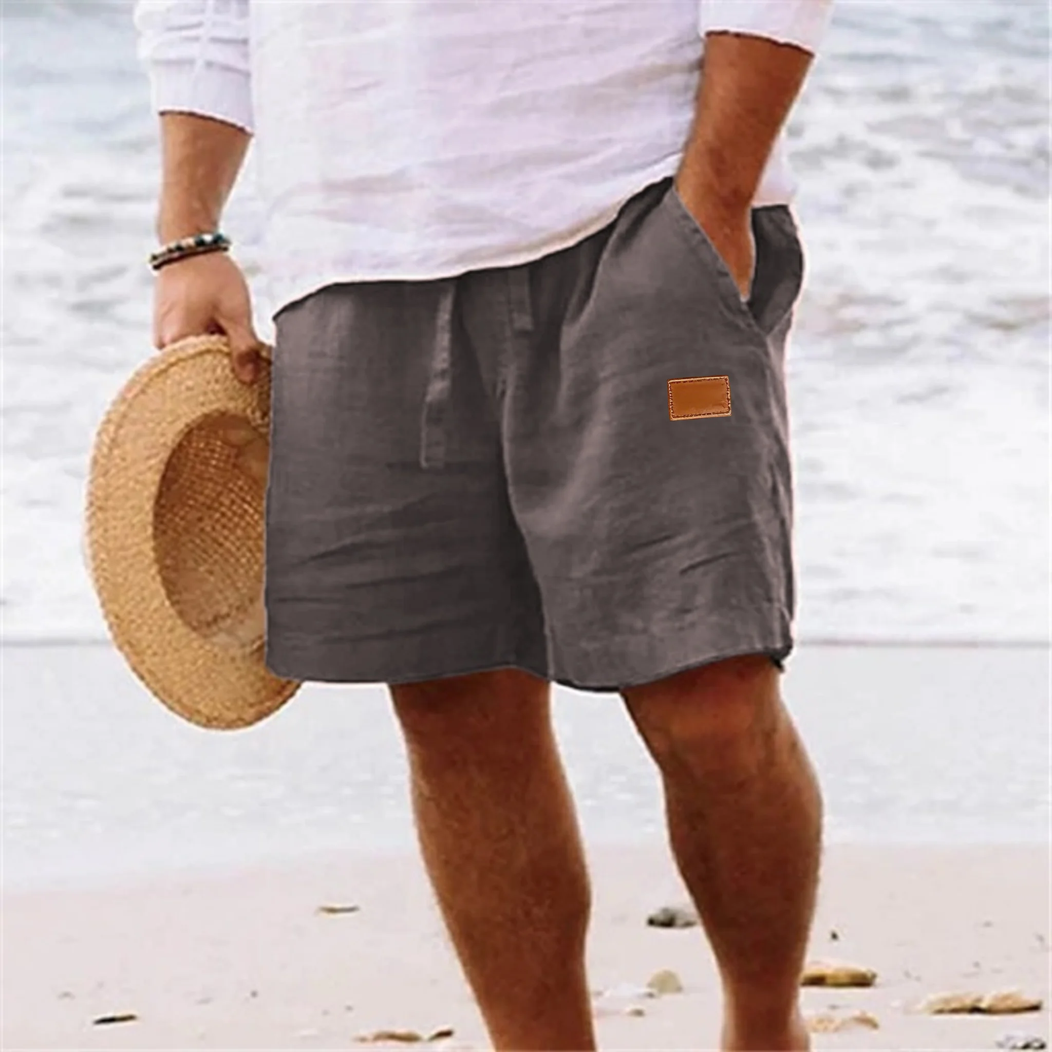 2025 Neue Sommer Herren Baumwoll-Leinen Atmungsaktive Shorts Hawaii Strandhosen Einfarbige Herrenhosen Lose Vielseitige Streetwear – Detail 16