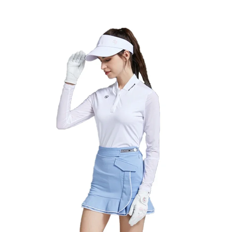 Swan Love Golf Sunscreen Women Shirt Ice Silk Long Sleeve T-shirt Ladies Slim Pencil Skirt Blue Ruffle Skort Golf Clothing Suits — zdjęcie 2