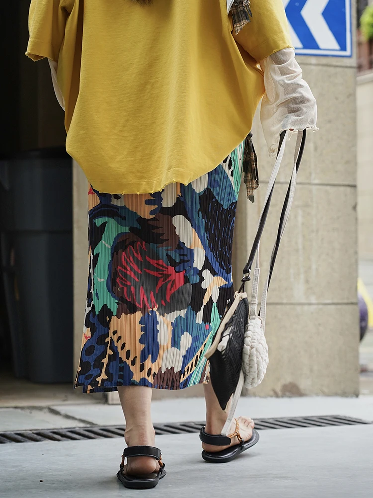 FANAN mode imprimé contraste couleur jupes femmes élastique taille haute a-ligne mi-longue bureau dame jupe femme 2025 été nouveau