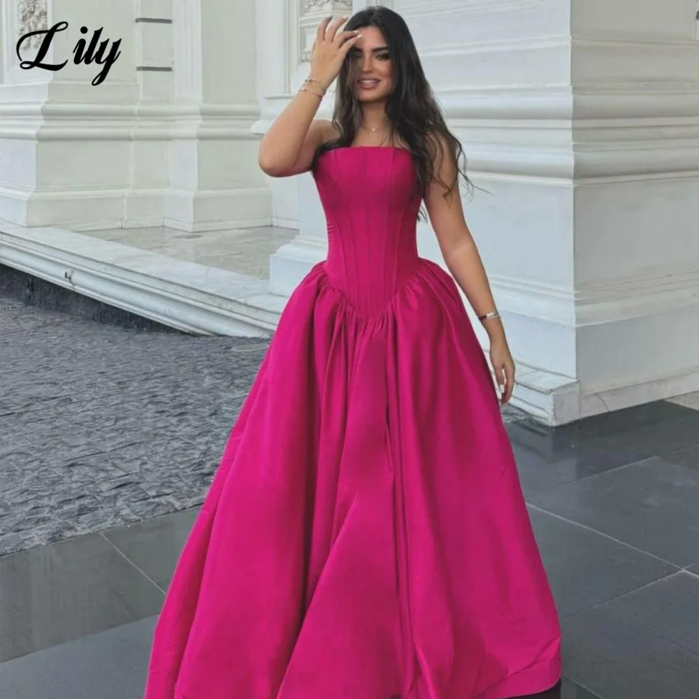 

Lily Fuchsia Evening Dress A Line Prom Dress Sleeveless Party Formal Gown Strapless and Pleats robe de bal for Woman Customized