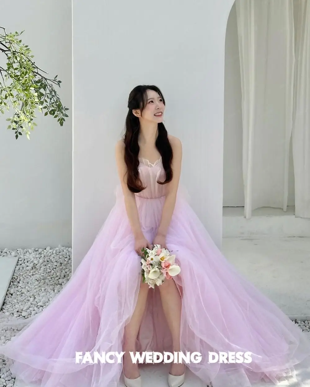 Fancy Korea Pink Strapless Wedding Dress Photo Shoot A Line Soft Tulle Sleeveless Bridal Gown Floor Length Back Corset Dresses