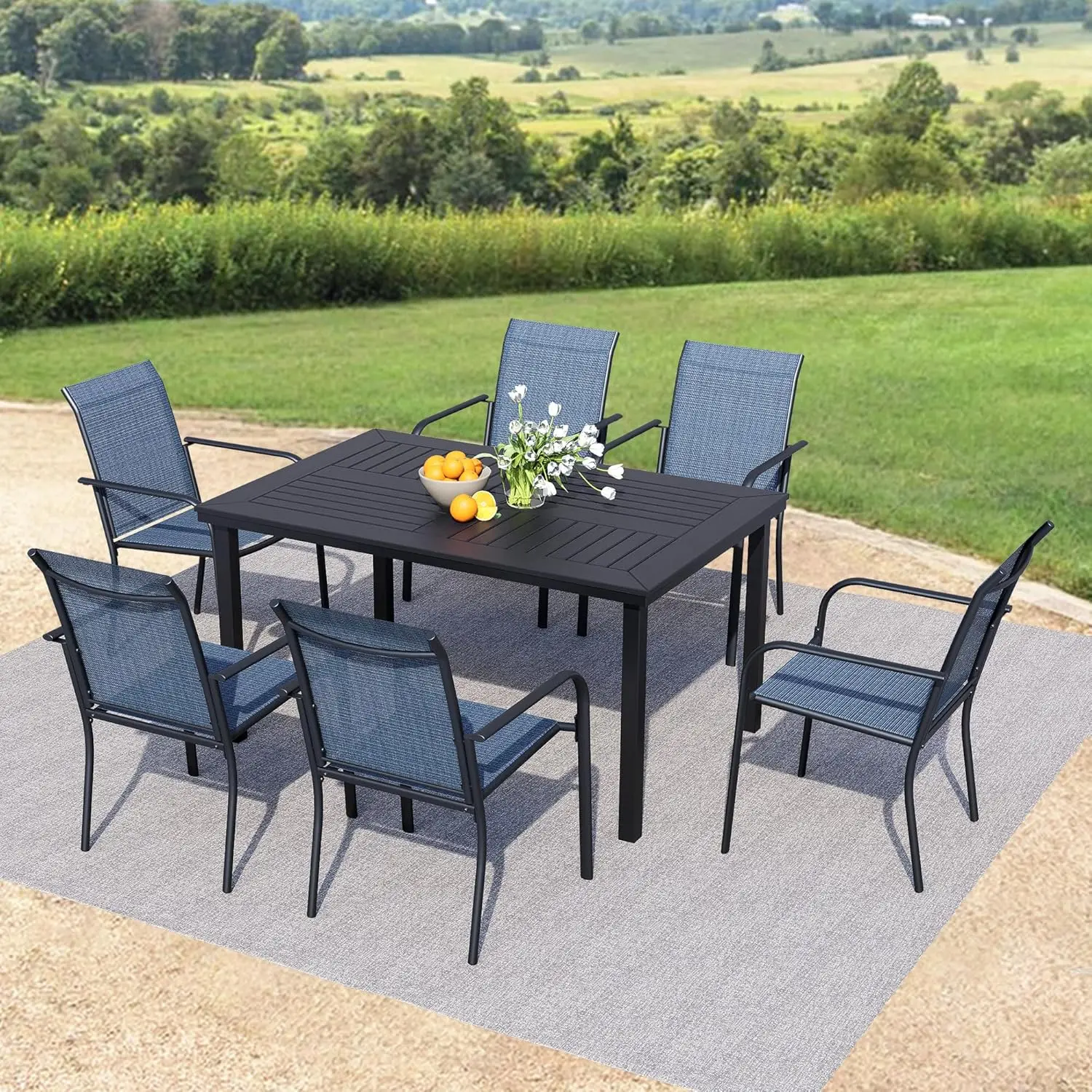 #7-Piece Patio Dining Set, Black Table & 6 Textilene Chairs, Weather-Resistant, Poolside Garden Yard, Customized