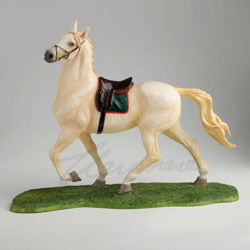 White Walking Horse with Saddle Resin Figurine Realistic Steed Statue Grass Base Equestrian Desktop Ornament Home Decoration
