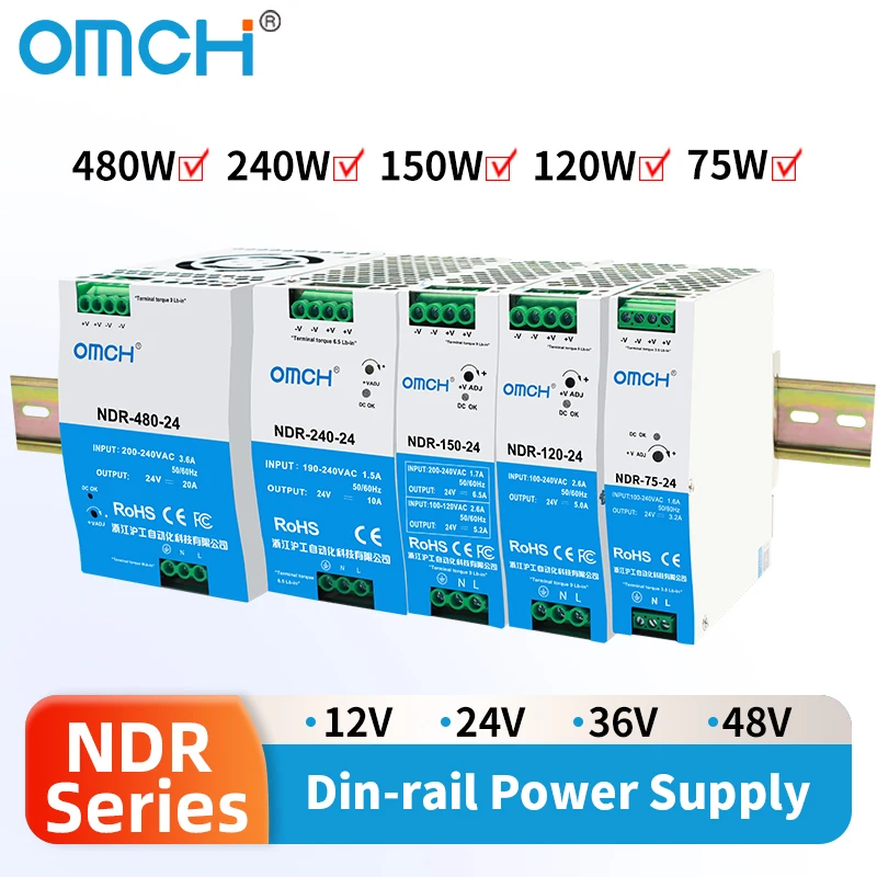 Alimentatore switching su guida Din da CA a CC serie OMCH NDR 75/120/150/240/480 W Ingresso 100-240 o 200-240 V CA Uscita 12 V/24 V/36 V/48 V