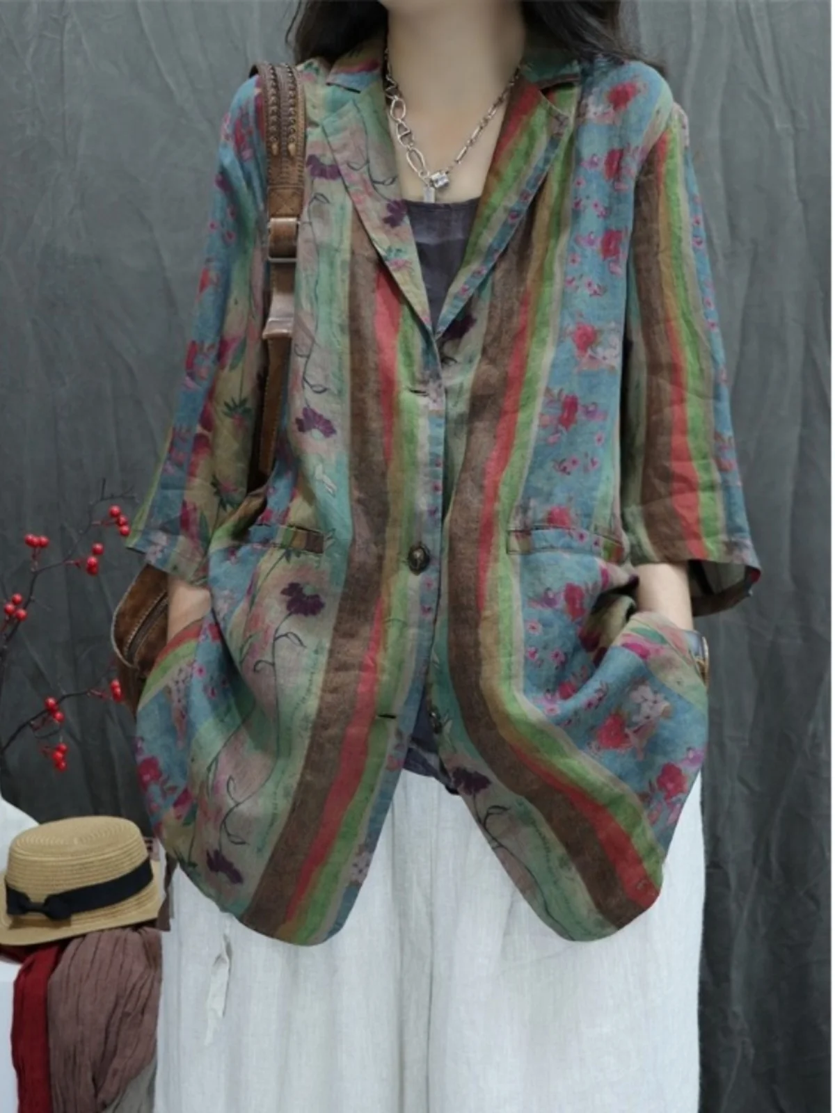 

Retro Print Linen Cotton Loose Svel irt Women's Casual Long Sve Plant Floral Patterned Office Wear Spring Summer