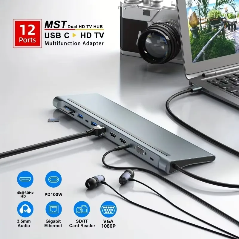 12-in-1 Type C Dock USB C Hub 3.0 Splitter Multiport Adapter 4K RJ45 SD/TF VGA HDMI-compatible Laptop MacBook iPad - view 5