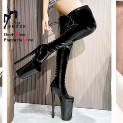 Scarpe spogliarellista con plateau con tacco ultraalto per donna tacchi da 23CM cinturino sopra il ginocchio Trend 2024 stivale da donna in pelle verniciata incrociata