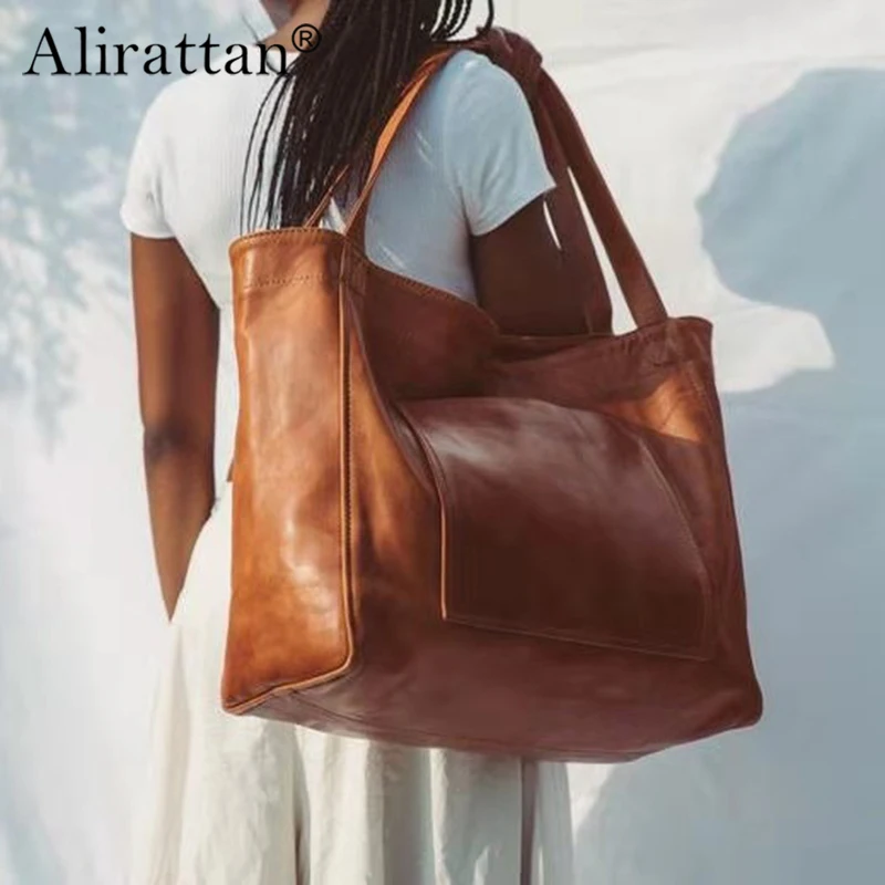 

Alirattan Soft Leather Handbag Single Shoulder Retro Oil Wax Leather Large Capacity Fashionable 2026 New Women's Bag
