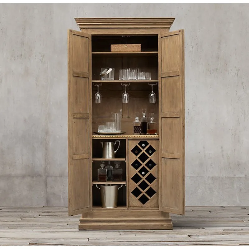 Wooden rivet wine cabinet, French log color antique Louis style wine cabinet, American display cabinet