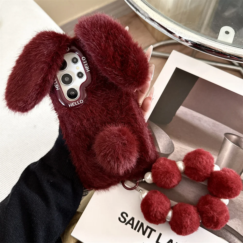 Cute Sweet Red Fuzzy Plush Bunny Ear Rabbit Tail Phone Case for Samsung Galaxy S26 Ultra S25 A56 Soft Pom Pom Wrist Strap Cover