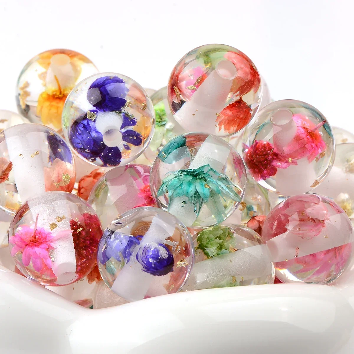 Assortiment de fleurs séchées, 10 pièces, boule ronde transparente, perles acryliques d'espacement amples, sac à bricoler soi-même, Bracelet, fabrication de bijoux, décor