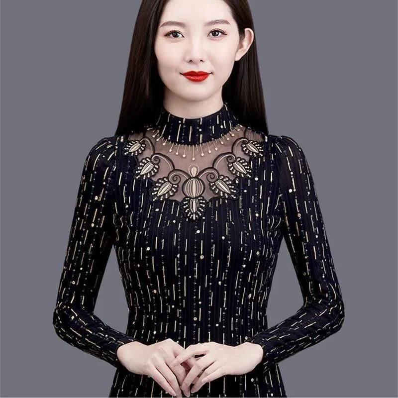 Velvet Lace Bottoming Shirt for Women Autumn Winter New Temperament  Long-sleeved Warm Stand-up Collar Top