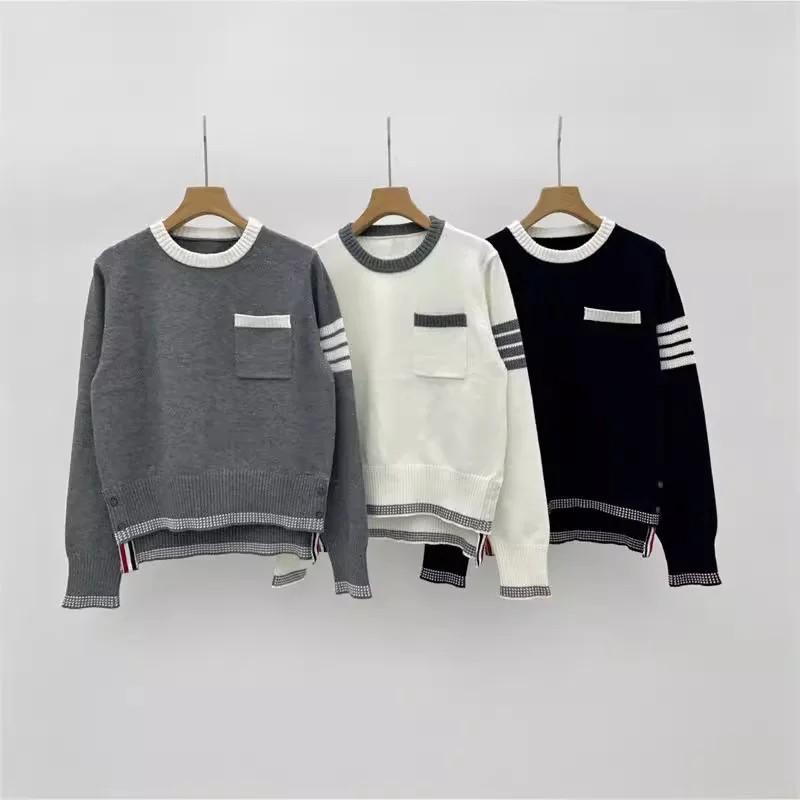 winter women's  Pullovers outwear round neck contrasting color Jumper irregular  four bars  short Sweater