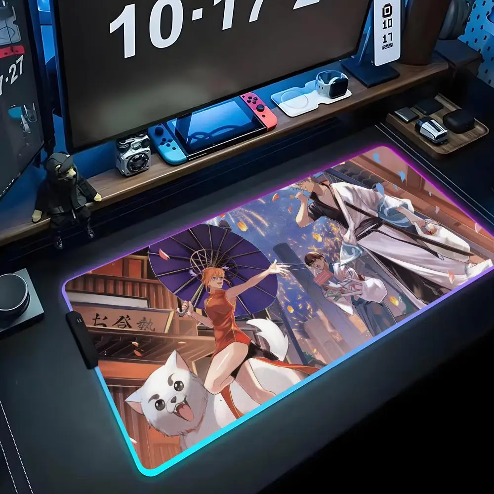 

gintama Mouse Pad RGB Gaming Mousepad Big LED Pad PC Desk Mat Luminous Mouse Pad Large Keyboard Mats Table Rug With Backlit